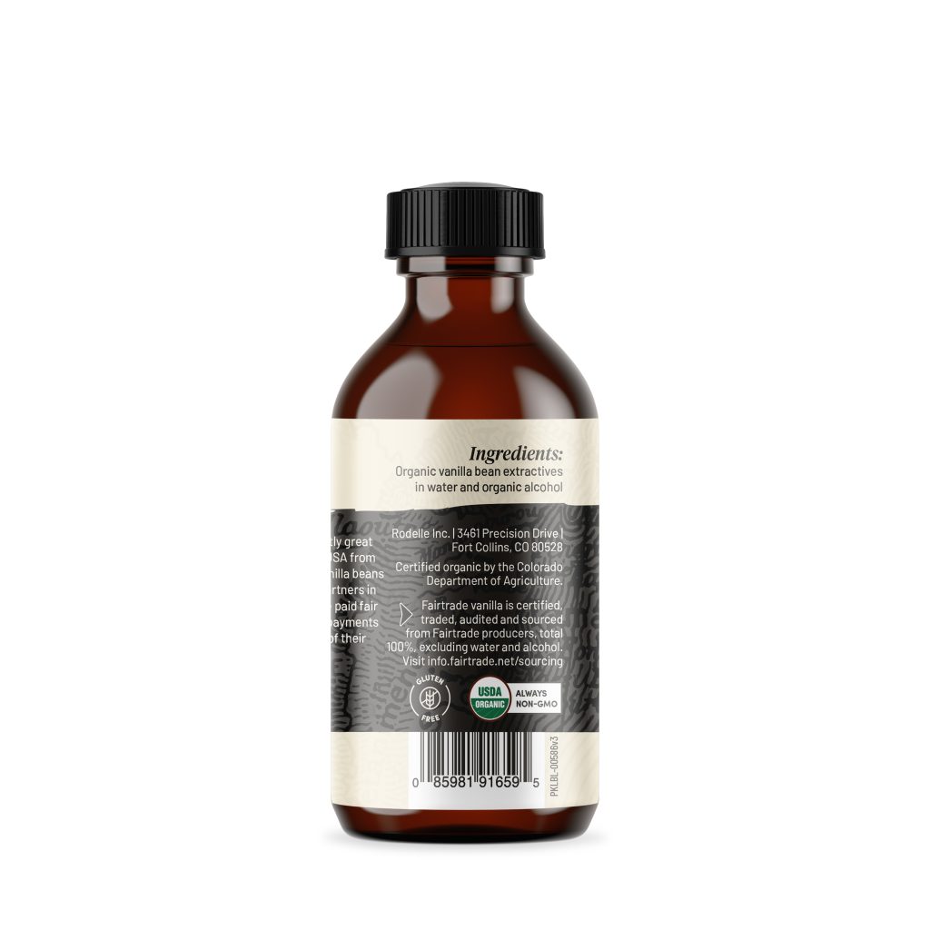 back image of Rodelle 2oz Organic Fairtrade pure vanilla extract in a round glass bottle showing a description of the product along with the UPC