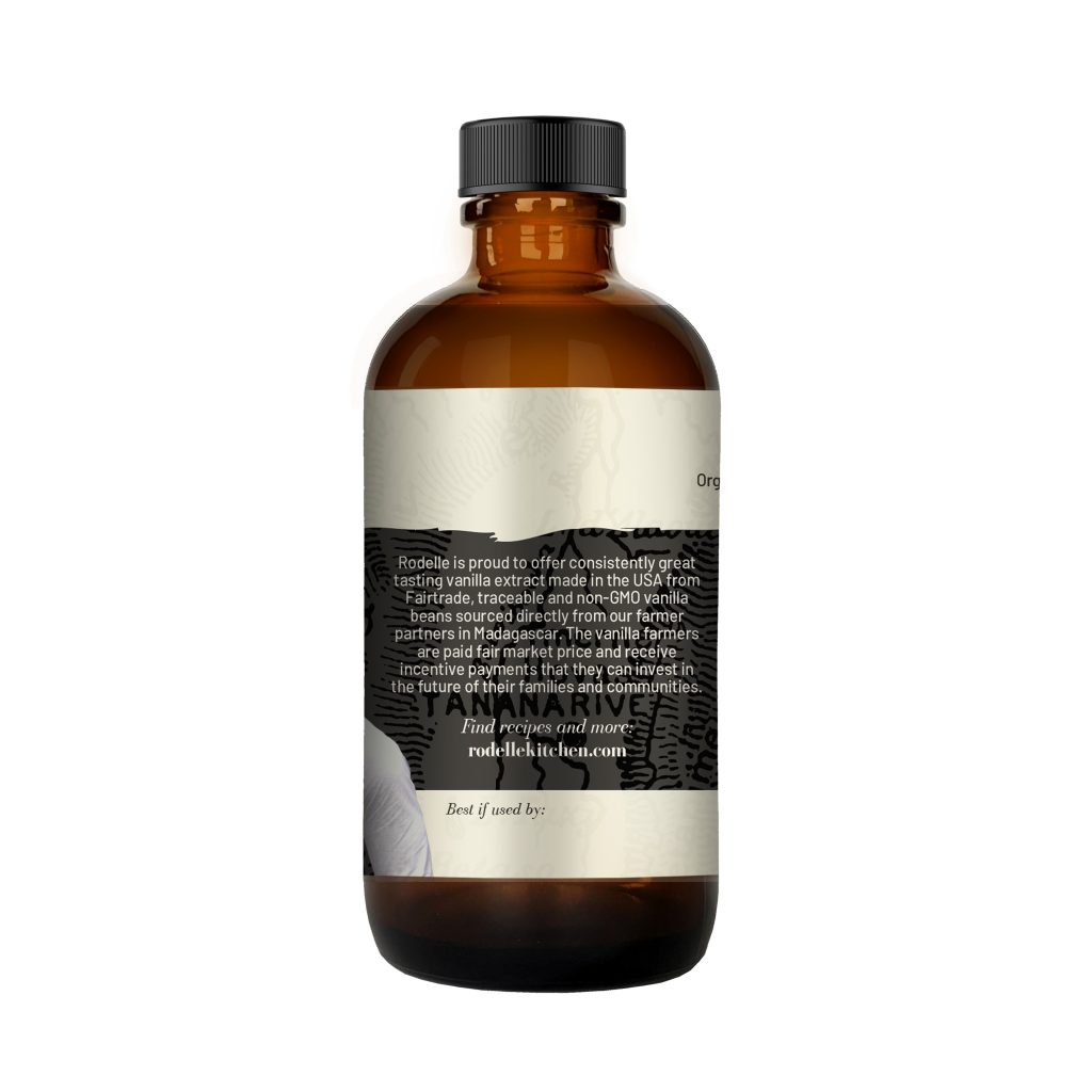 side image of Rodelle 4oz Organic Fairtrade pure vanilla extract in a round glass bottle showing the ingredient information