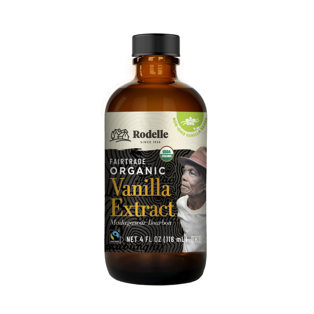 front image of Rodelle 4oz Organic Fairtrade pure vanilla extract in a round glass bottle