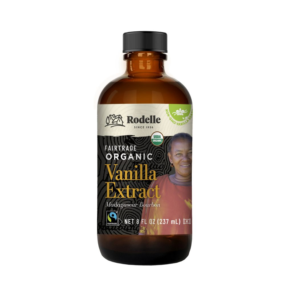 front image of Rodelle 8oz Organic Fairtrade pure vanilla extract in a round glass bottle