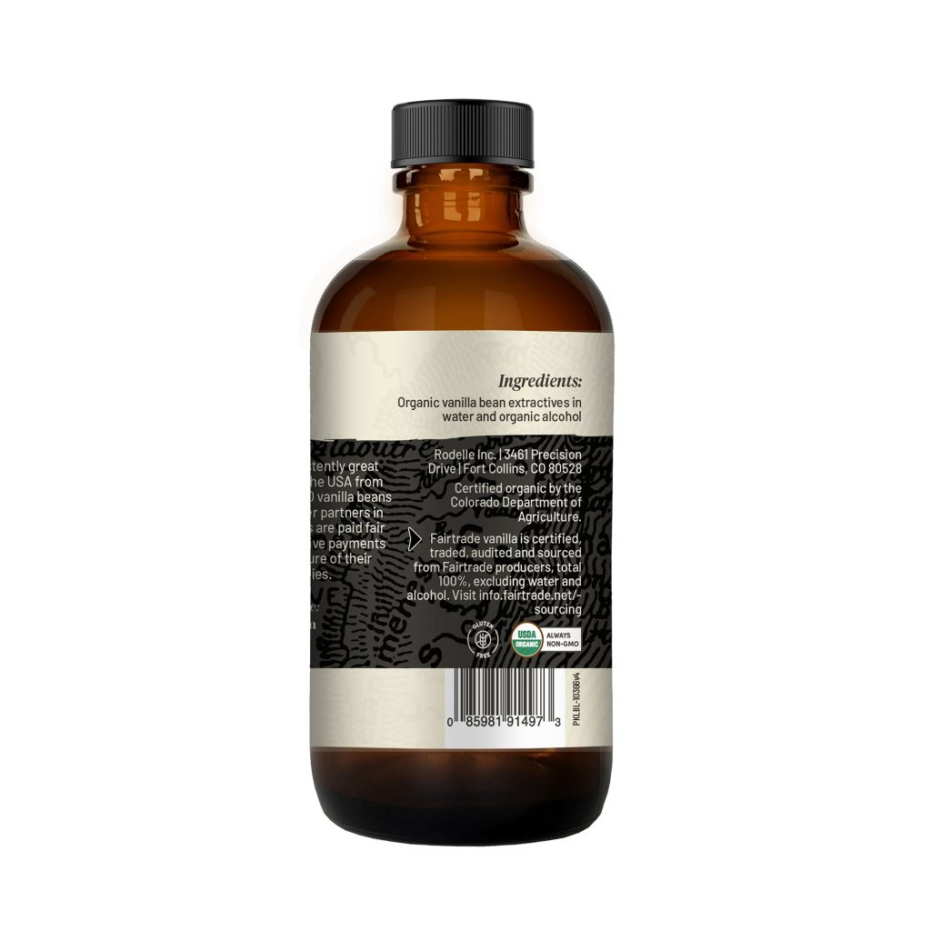 back image of Rodelle 8oz Organic Fairtrade pure vanilla extract in a round glass bottle showing a description of the product along with the UPC