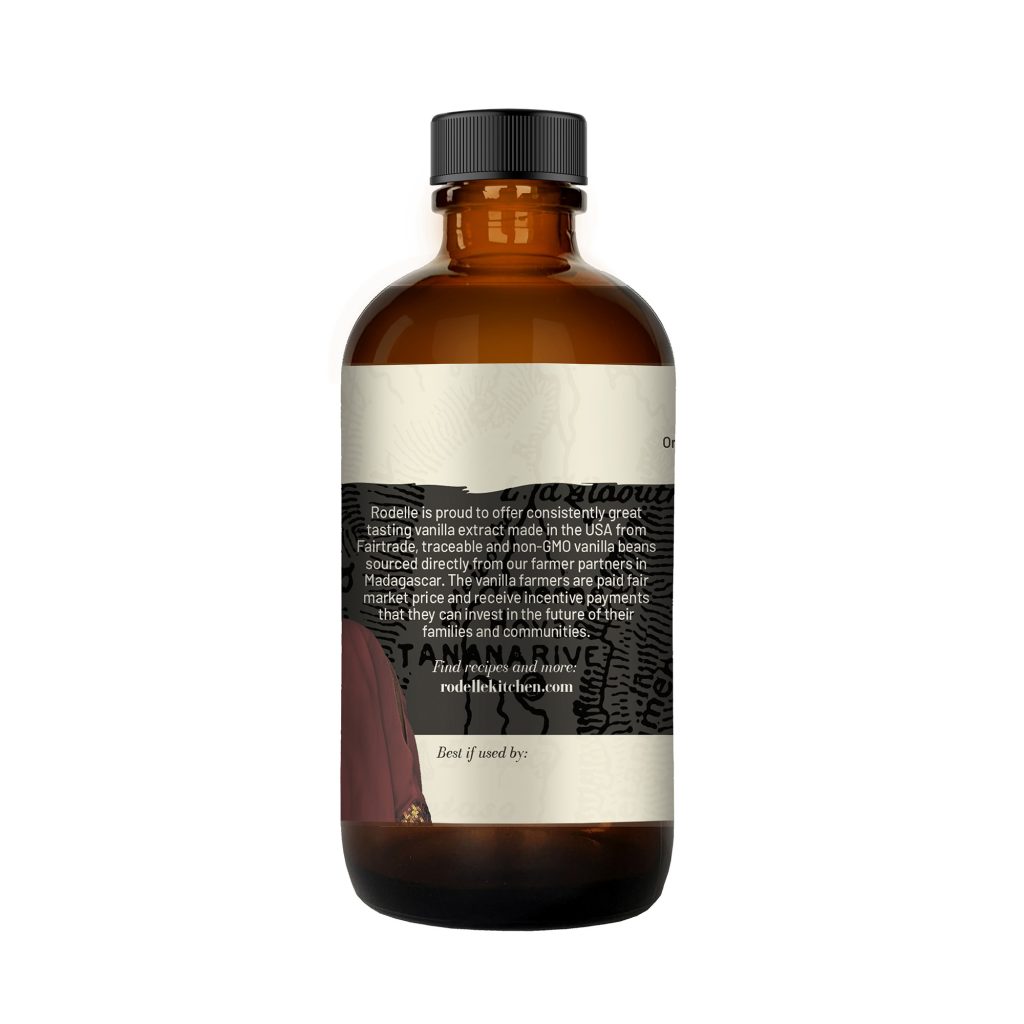 back image of Rodelle 8oz Organic Fairtrade pure vanilla extract in a round glass bottle showing a description of the product along with the UPC