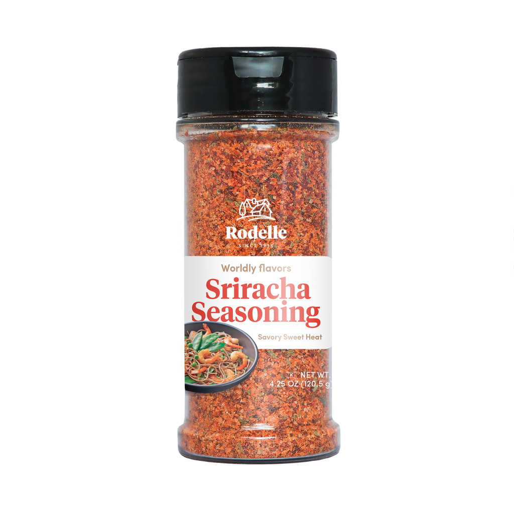 front image of Rodelle's 4.25oz sriracha Seasoning in a round plastic container