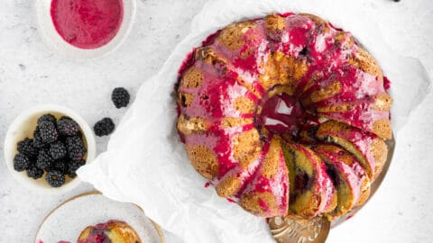Finished product of the blackberry almond glaze bundt cake