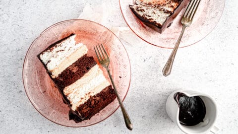 Slice of angel food and chocolate cake with peanut butter mousse on pink plate and grey background