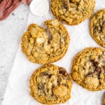 Pan-Banging Compost Cookies overhead on white parchment paper