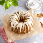Marshmallow stuffed sweet potato bundt cake whole on parchment paper
