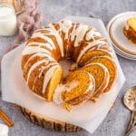 Marshmallow stuffed sweet potato bundt cake sliced on parchment paper