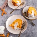 Slices of marshmallow stuffed sweet potato bundt cake on parchment paper