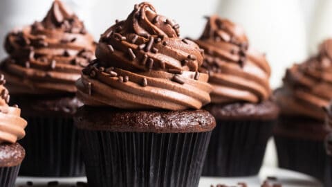 chocolate cupcakes with chocolate frosting on neutral background