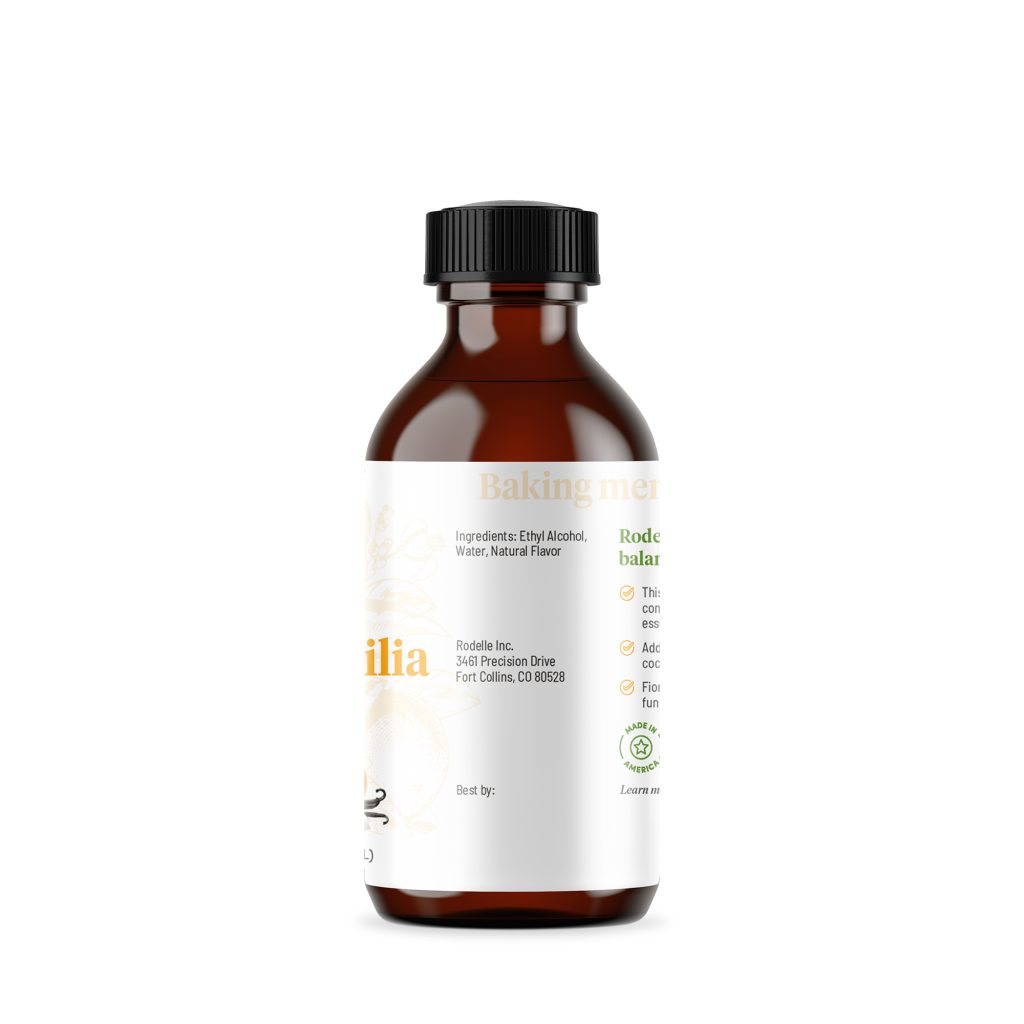 side image of Rodelle's 2oz Fiori Di Sicilia Flavor in a round glass bottle showing the ingredient information