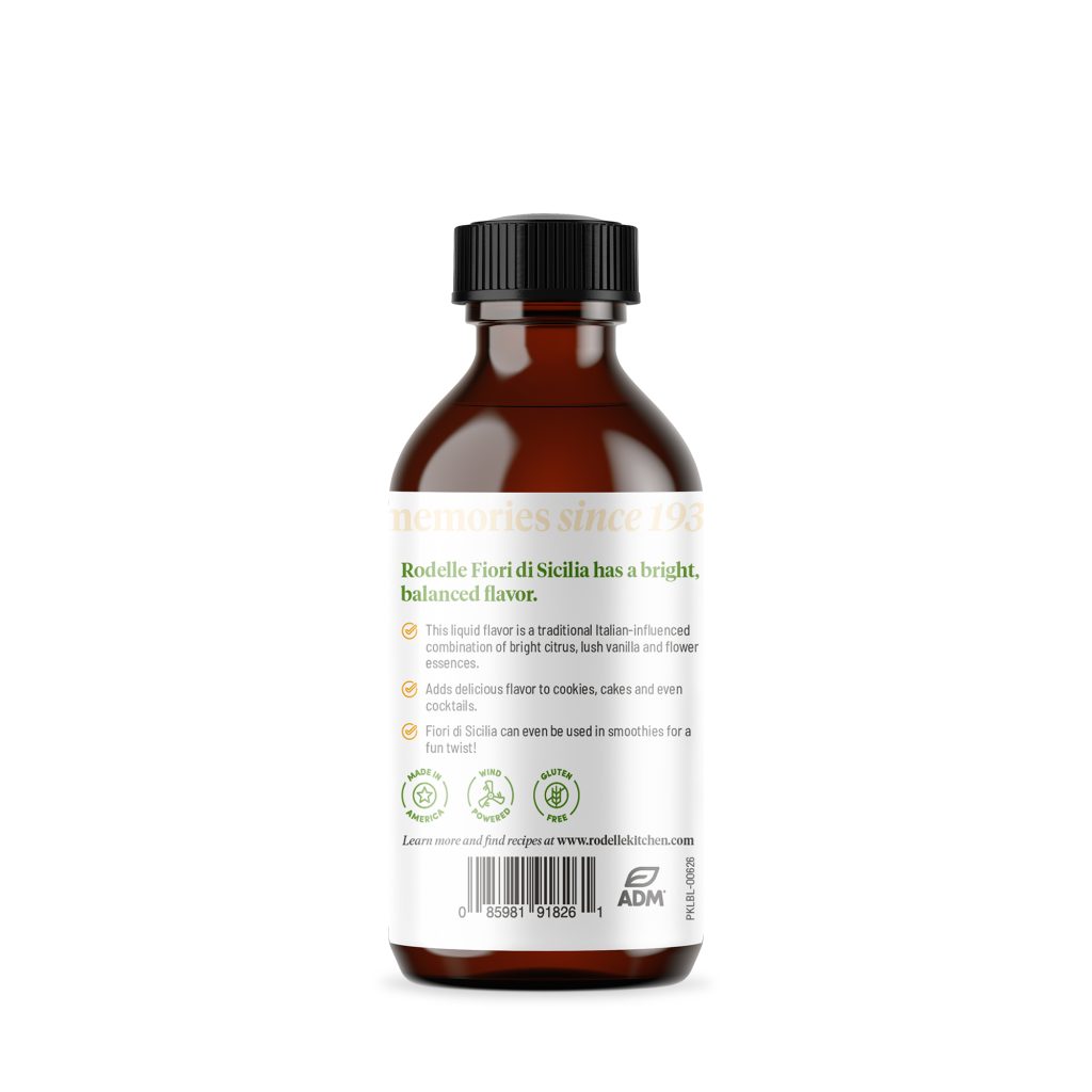 back image of Rodelle's 2oz Fiori Di Sicilia Flavor in a round glass bottle showing a description of the product along with the UPC
