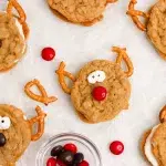 Close up top shot of a group of oatmeal cream pie reindeers with red and brown m&m noses and reindeer antlers made with pretzels.