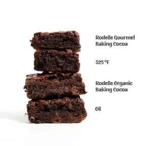 Four brownies stacked on top. On right side of brownie is text. Going from top to bottom it lists Rodelle Groumet Baking Cocoa, 325 degrees Fahrenheit, Rodelle Organic Baking Cocoa Oil. 