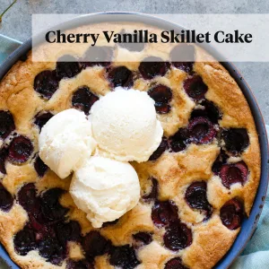 Cherry in skillet cake with vanilla ice cream