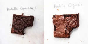 two slices of brownies with bite taken out. Left says Rodelle Gourmet at the top and right says Rodelle Organic. Left side side brownie darker. Right side brownie lighter in color. 