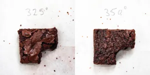 two slices of brownies with bite taken out. Left says 325 degrees Fahrenheit at the top and right says 350 degrees Fahrenheit. Left side brownie is a bit lighter in color and has a crakly-er top. Right side brownie darker in color and no crackly top.