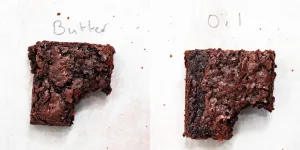 two brownies side by side with a bite taken out of each. Left side at top says Butter. Right side says Oil. 