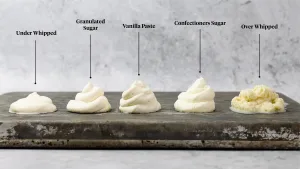 Image of multiple different types of whipped cream that's been piped. From left to right it's under whipped, granulated sugar, vanilla paste, confectioners sugar, over whipped whipped cream on a gray pan with a gray textured background.