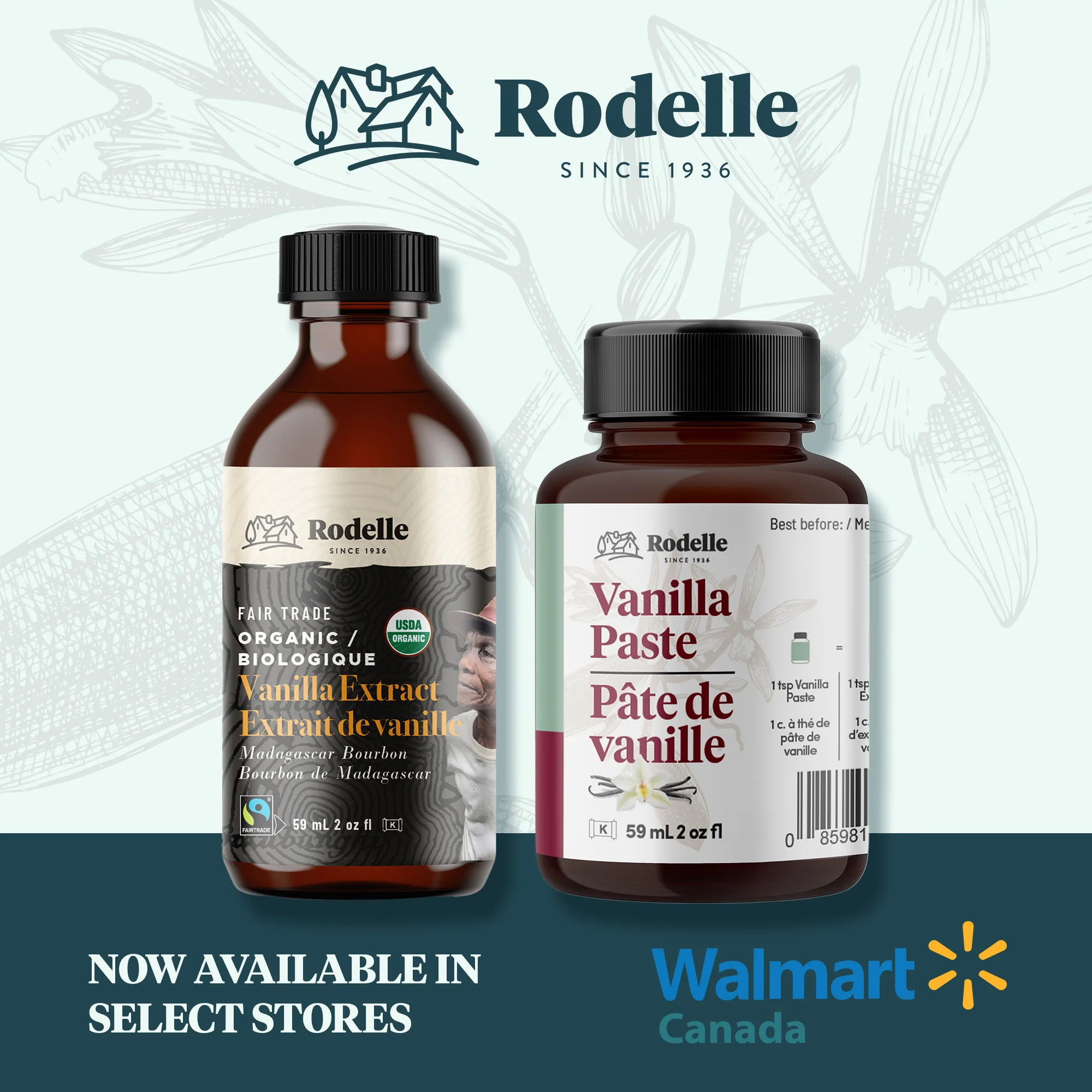 2 bottles of Rodelle product - vanilla paste and vanilla extract on background stating available in Walmart Canada