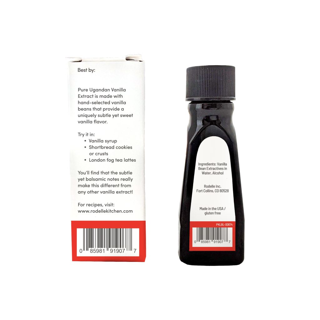 back image of Rodelle's 1oz uganda Pure Vanilla Extract bottle to the right and box to the left
