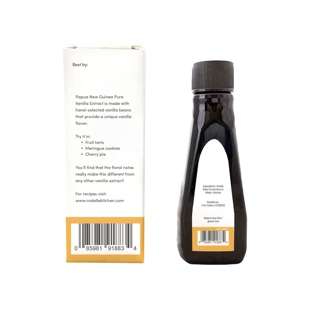 back image of Rodelle's 1oz Papua New Guinea Pure Vanilla Extract bottle to the right and box to the left