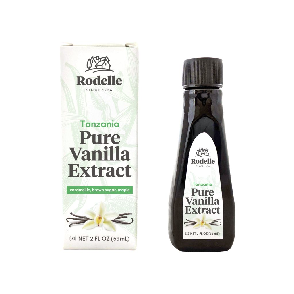 front image of Rodelle's 2oz Tanzania Pure Vanilla Extract bottle to the right and box to the left