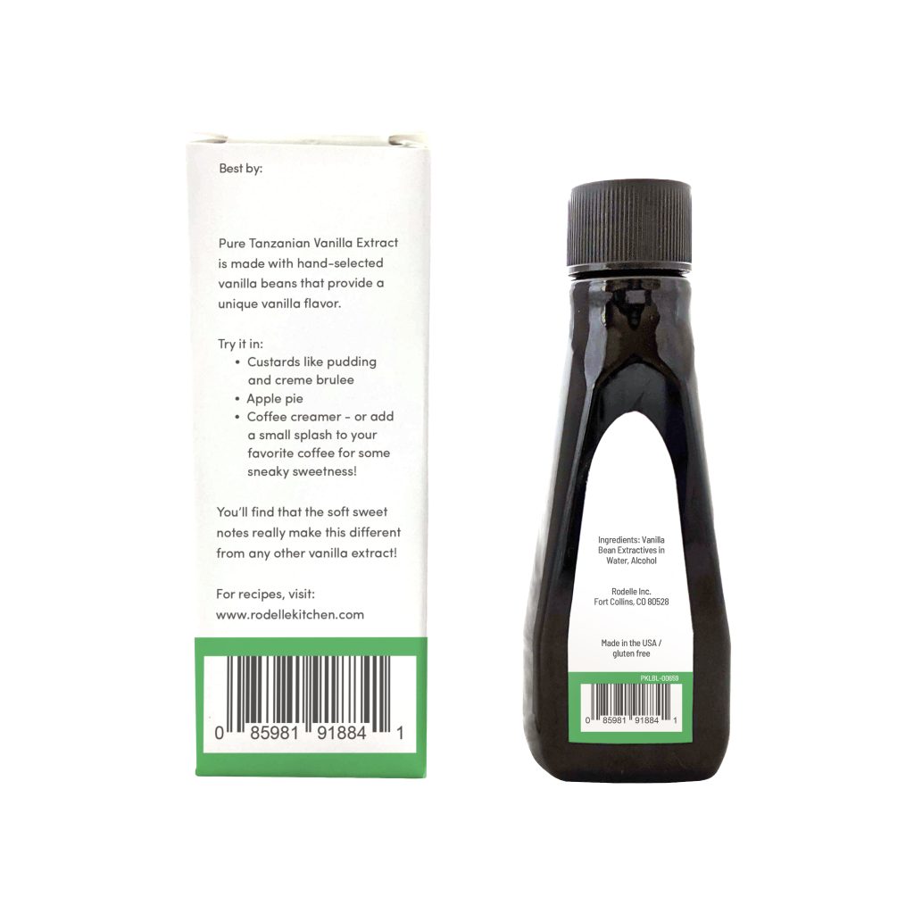 back image of Rodelle's 2oz Tanzania Pure Vanilla Extract bottle to the right and box to the left