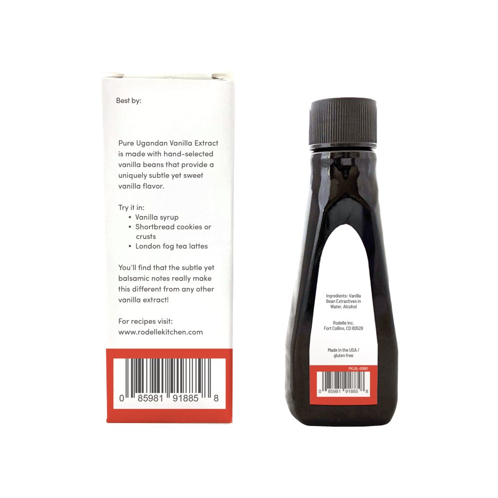 back image of Rodelle's 2oz uganda Pure Vanilla Extract bottle to the right and box to the left