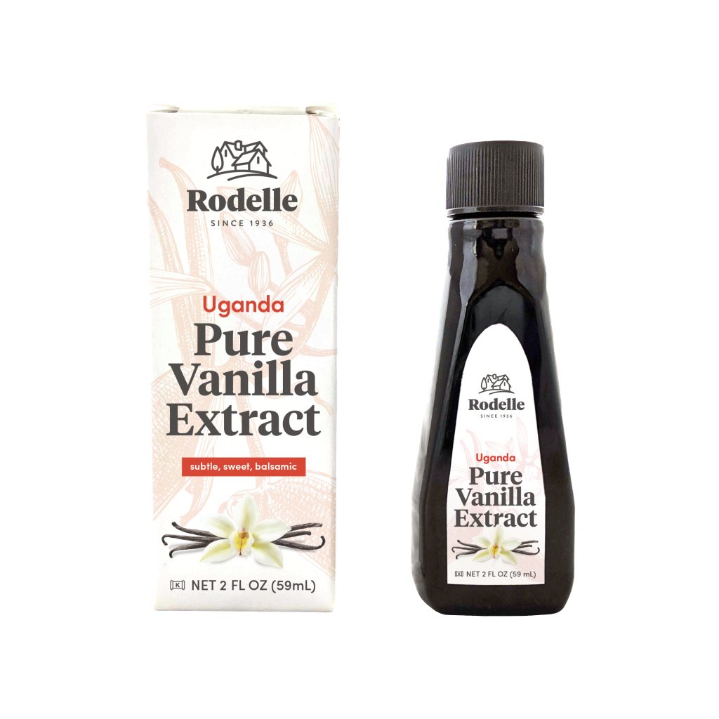 front image of Rodelle's 2oz uganda Pure Vanilla Extract bottle to the right and box to the left
