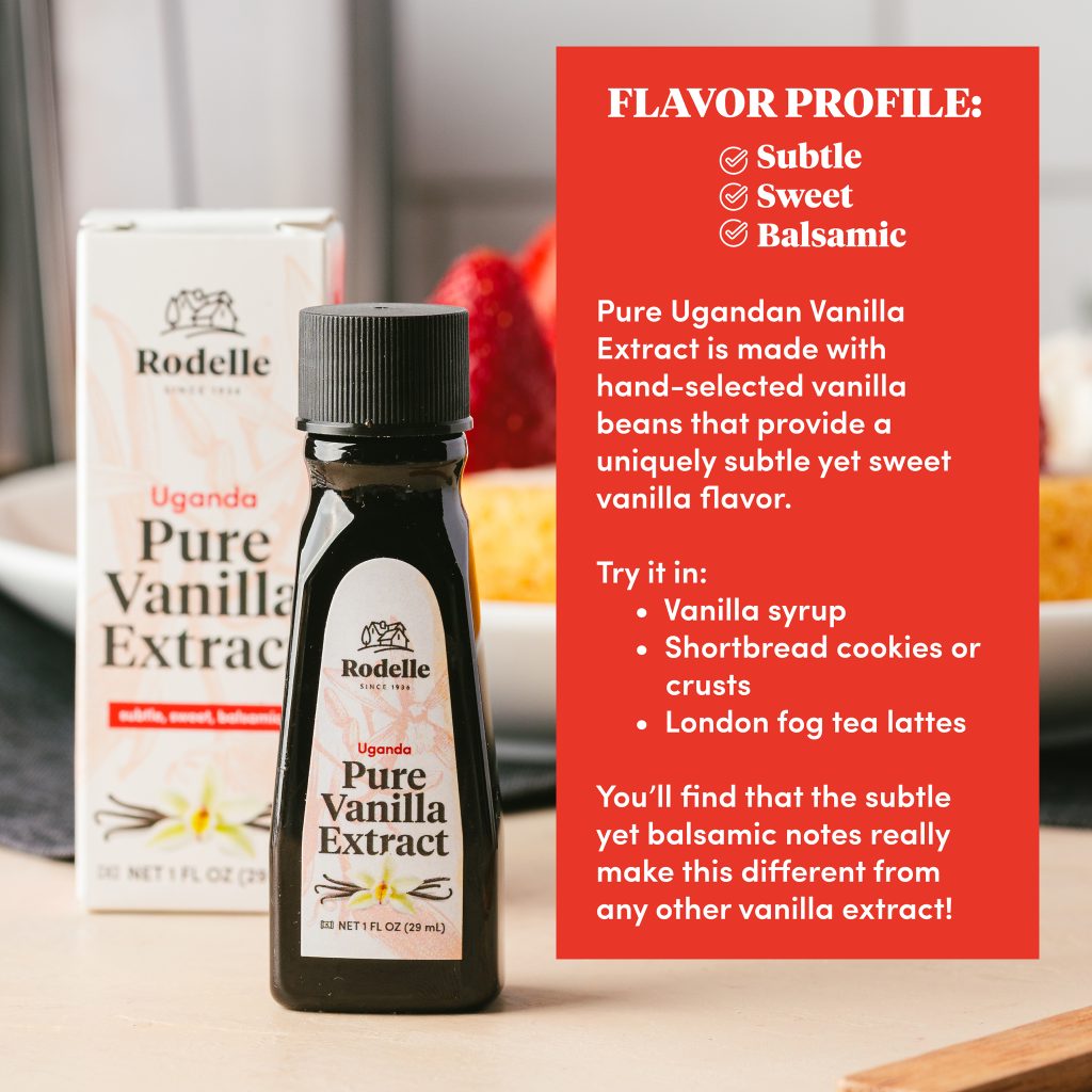 close up shot of rodelle uganda pure vanilla extract and to the right in the red rectangle is info about the product