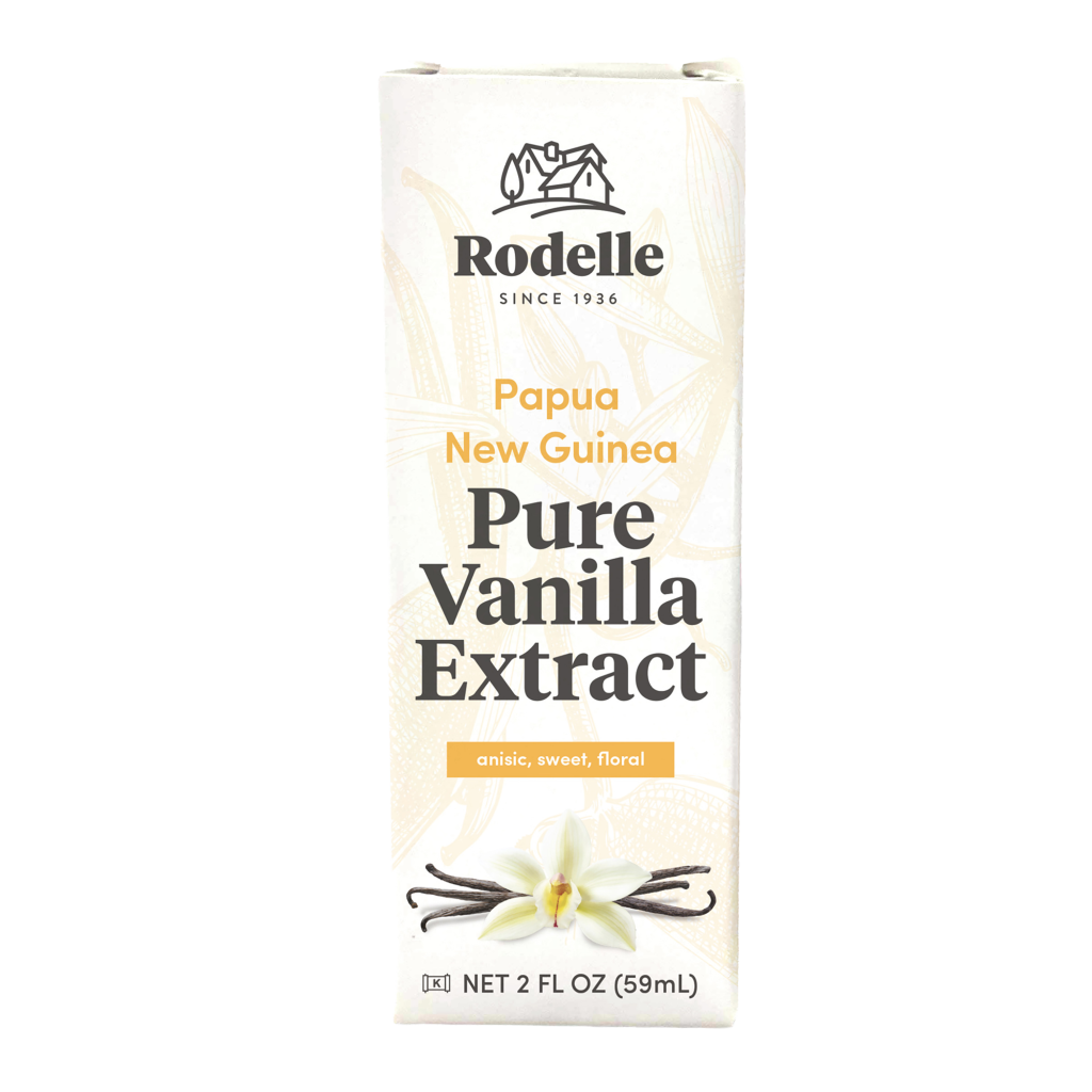 front image of Rodelle's 2oz Papua New Guinea Pure Vanilla Extract bottle to the right and box to the left