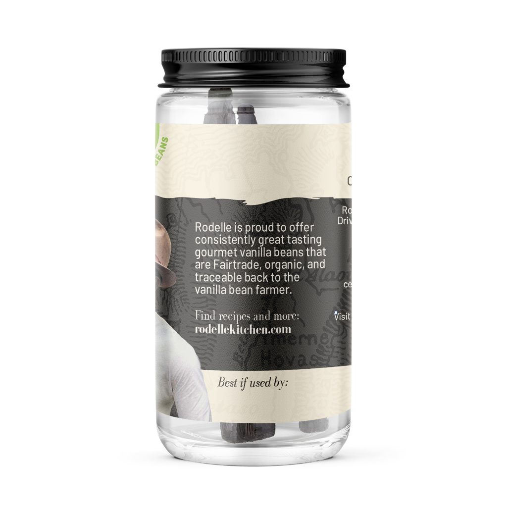 side image of Rodelle 3ct Organic Fairtrade pure vanilla beans in a round glass bottle showing the ingredient information