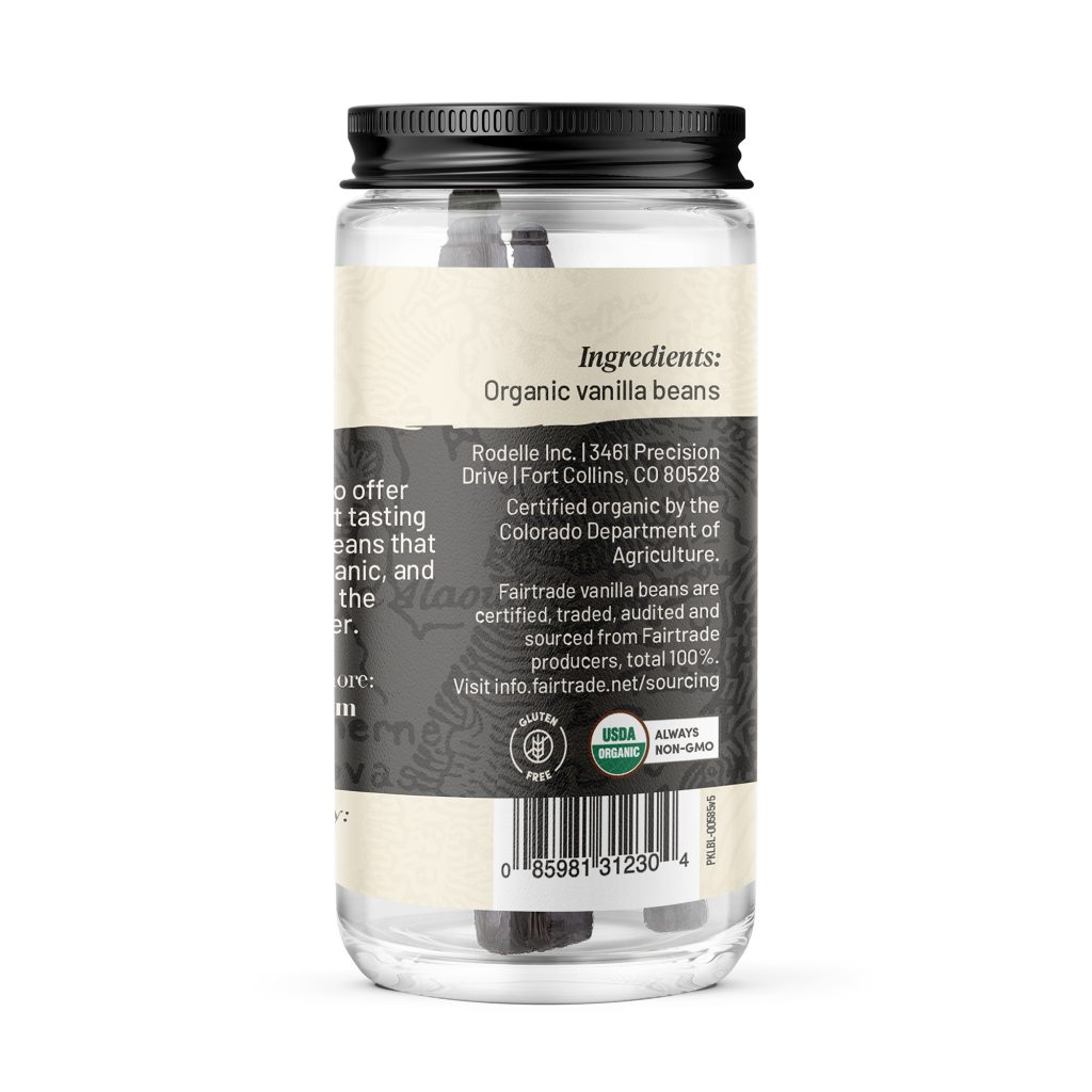 back image of Rodelle 3ct Organic Fairtrade pure vanilla beans in a round glass bottle showing a description of the product along with the UPC
