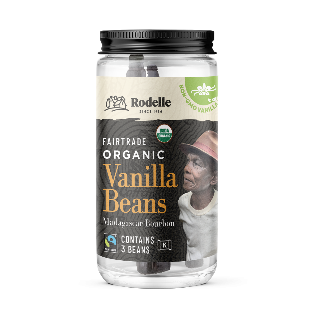 front image of Rodelle 3ct Organic Fairtrade pure vanilla beans in a round glass bottle