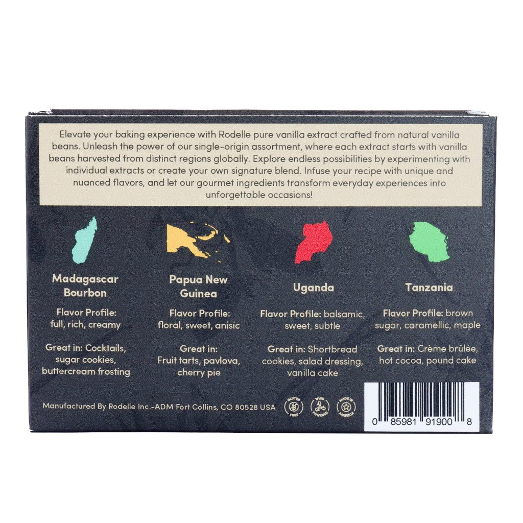 back image of rodelle's single origin gift pack in gray/grown packaging with descriptoins of all four pure vanilla extracts.