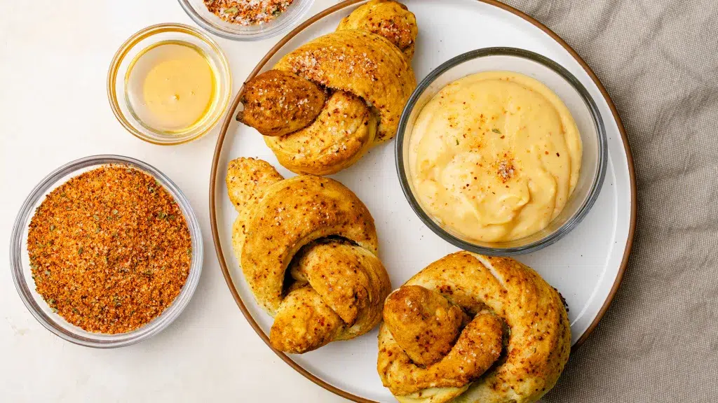 top photo of three sriracha hot honey pretzels laying on a speckled earth plate. To the side on the plate is a small clear bowl of sriracha cheese sauce. Underneath the plate to the right is a gray and brown towel. To the left are three pinch bowls with Rodelle's Sriracha Seasoning, honey, and pretzel spices.