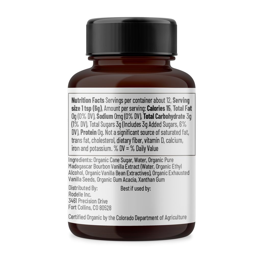 side image of Rodelle's 2oz organic vanilla bean paste in a round glass bottle showing the ingredient information