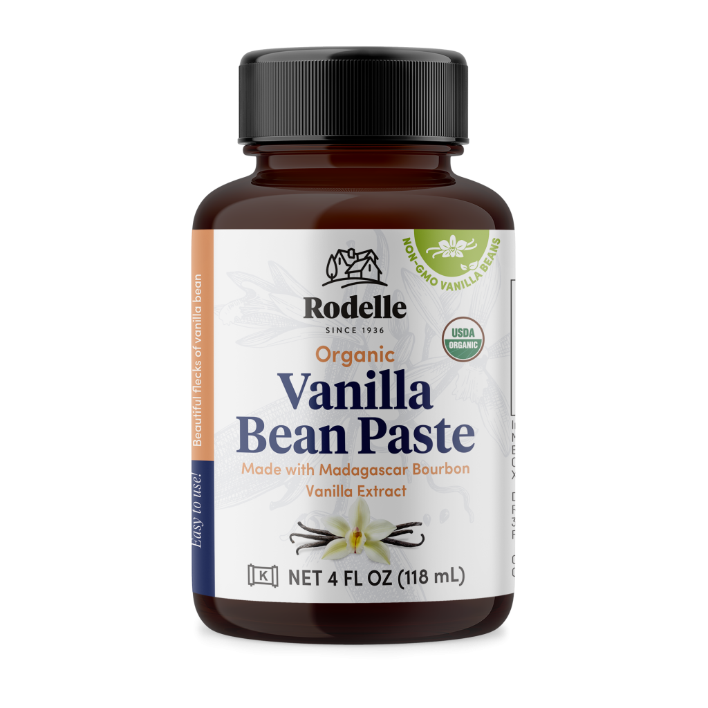 front image of Rodelle's 2oz organic vanilla bean paste in a round glass bottle