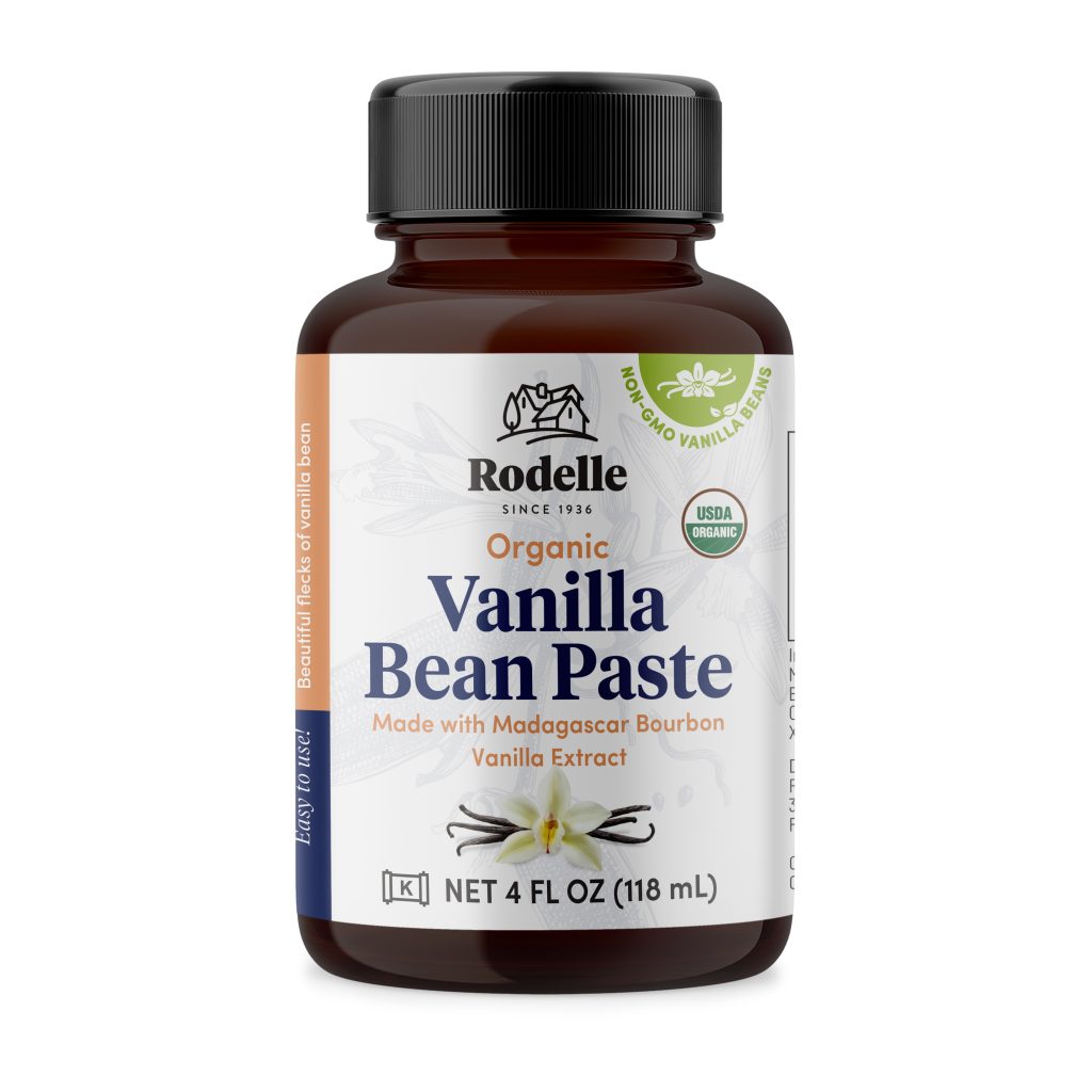 front image of Rodelle's 4oz organic vanilla bean paste in a round glass bottle