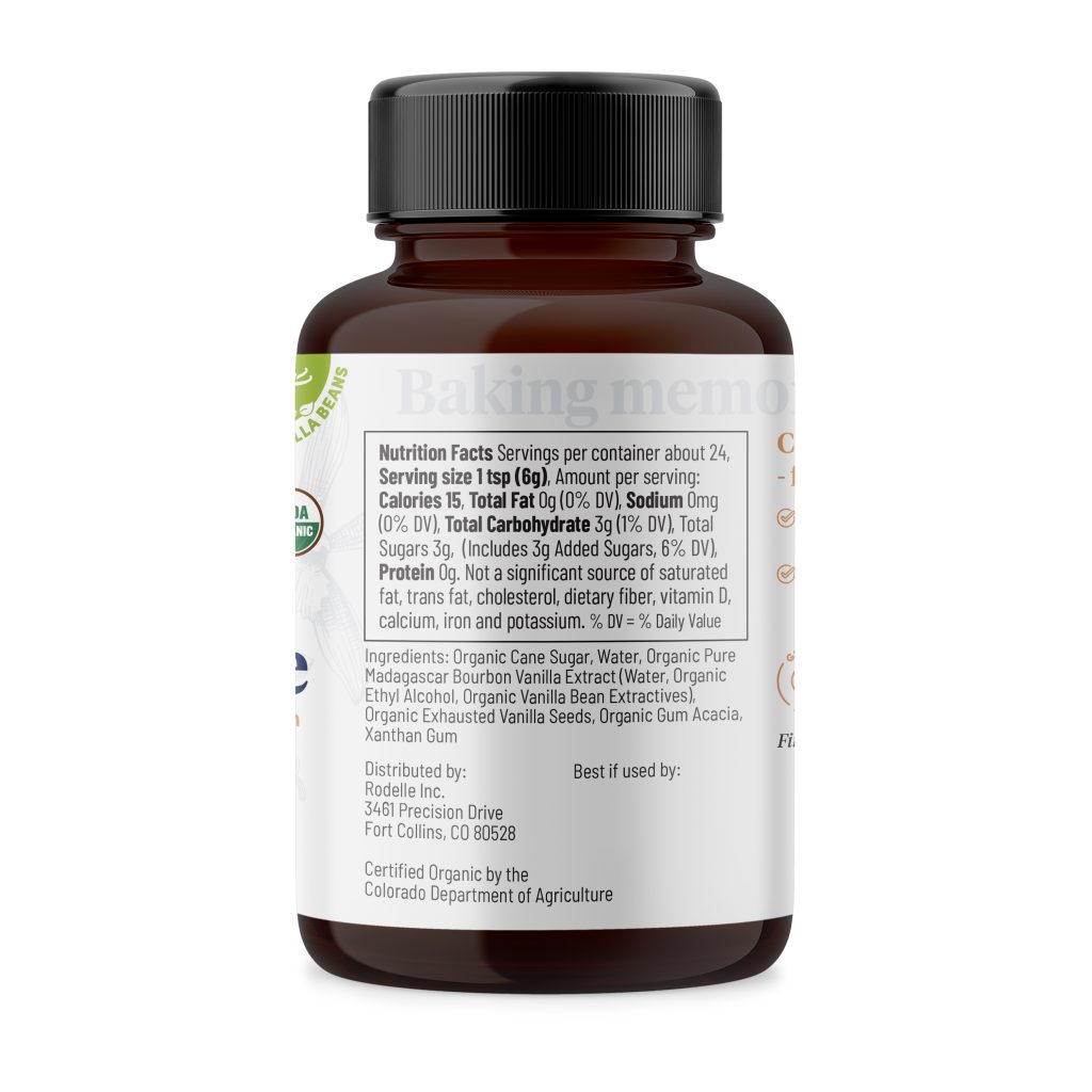 side image of Rodelle's 4oz organic vanilla bean paste in a round glass bottle showing the ingredient information