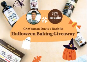 to view of rodelle products with a graphic orange shape and halloween icons throughout. text reads "chef aaron davis x Rodelle" Halloween Baking Giveaway