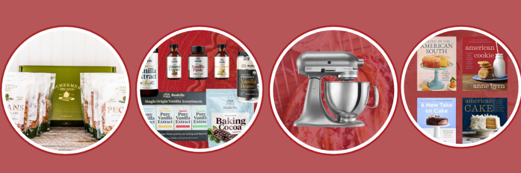 pictures of stand mixer, rodelle product, schermer pecans and cookbooks