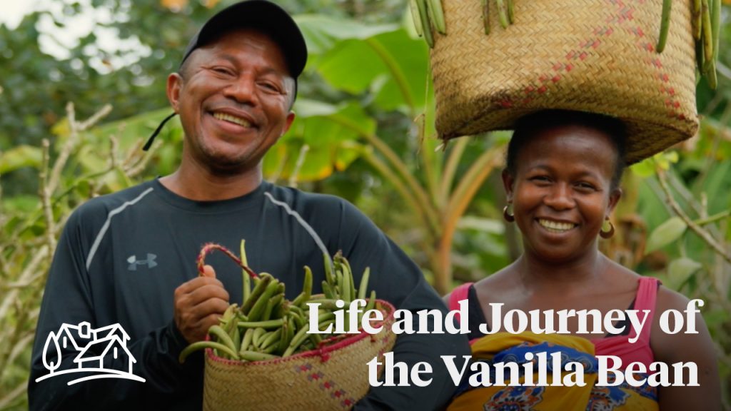 A youtube thumbnail with white text at the bottom right that says "Life and Journey of the Vanilla Bean" and the bottom left is the Rodelle Chateau Logo in white. The main image is two vanilla bean farmers, a woman (right) and man (left). The woman has a woven tan basket on top of her head with green vanilla beans. The background is green forest.